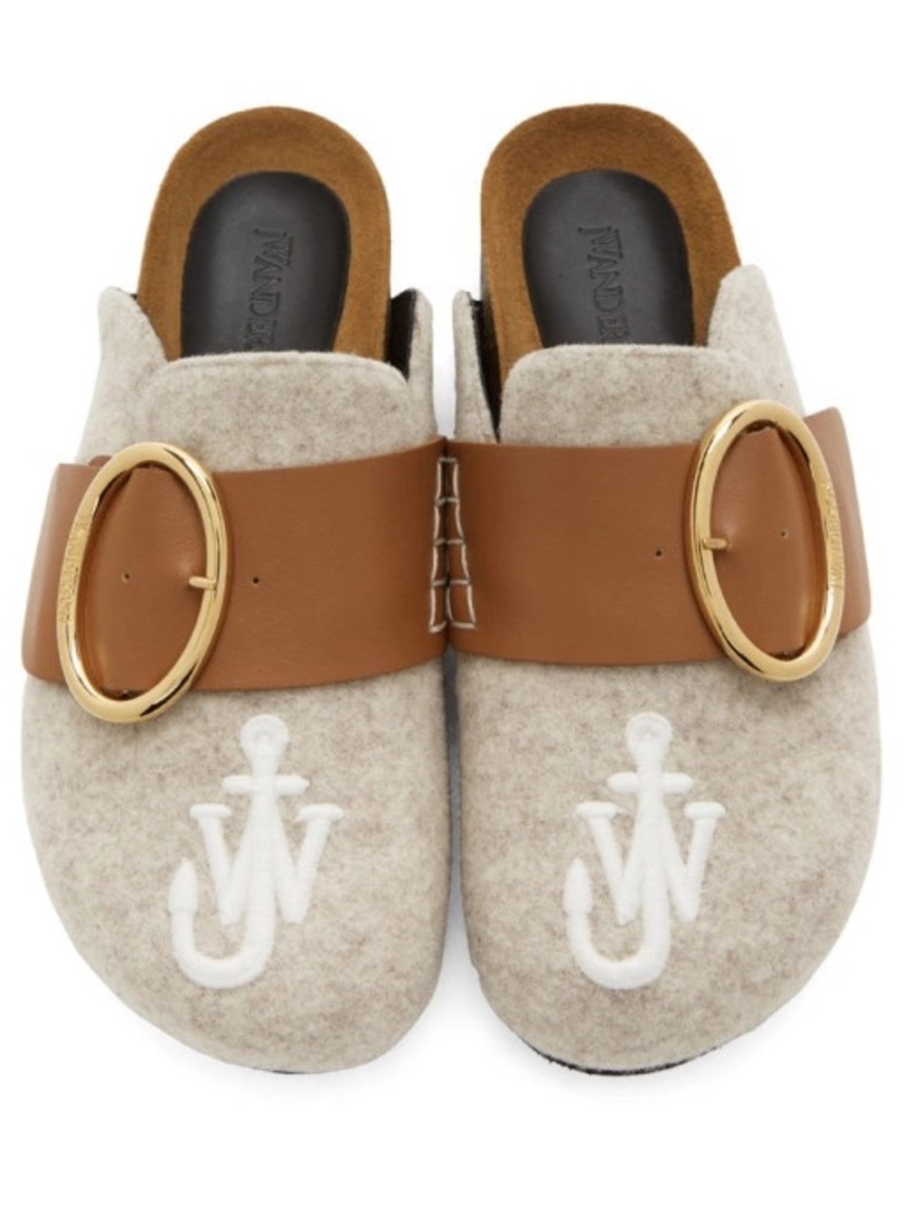 JW ANDERSON Cream Felt Logo Mules with Brown Leather Strap